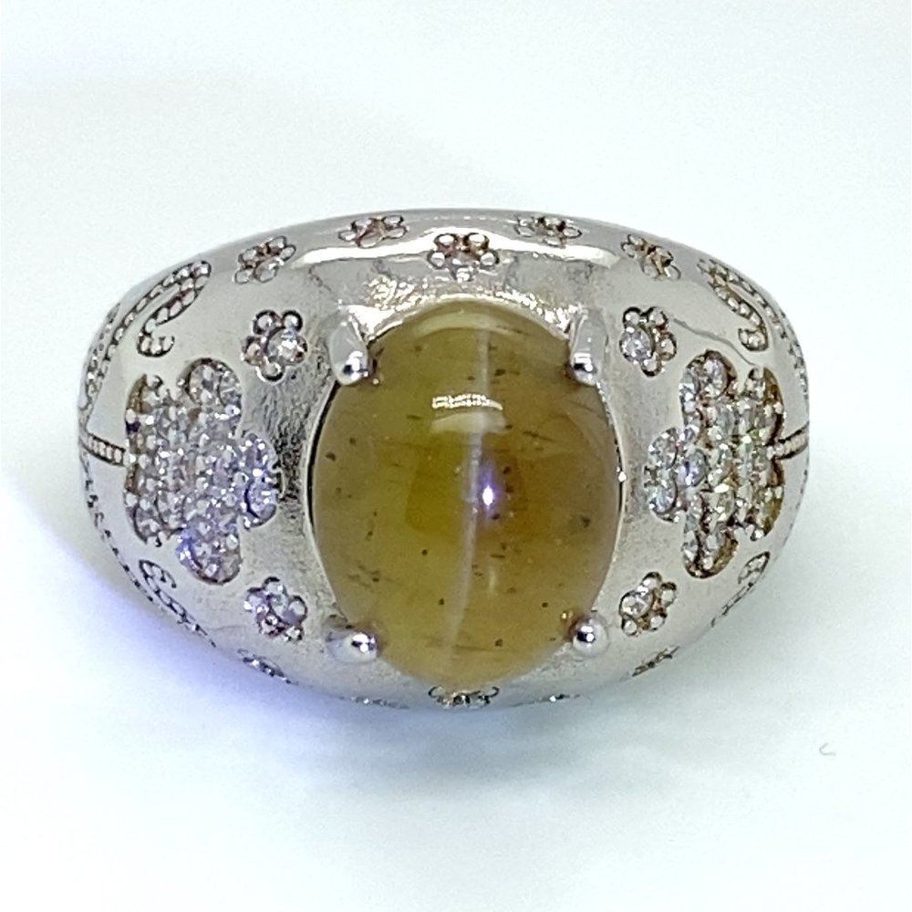 Cats Eye Apatite 5.88ct Rhodium Finish Solid 925 Sterling Silver Ring